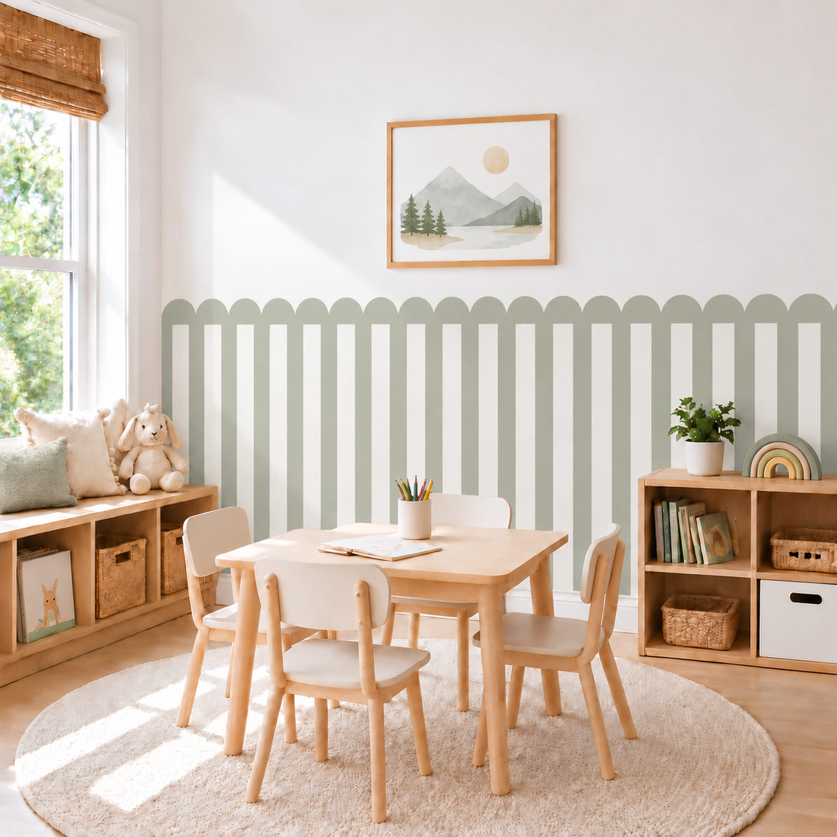 Stripe Peel and Stick Sage Green Scallop Half Wall Wallpaper