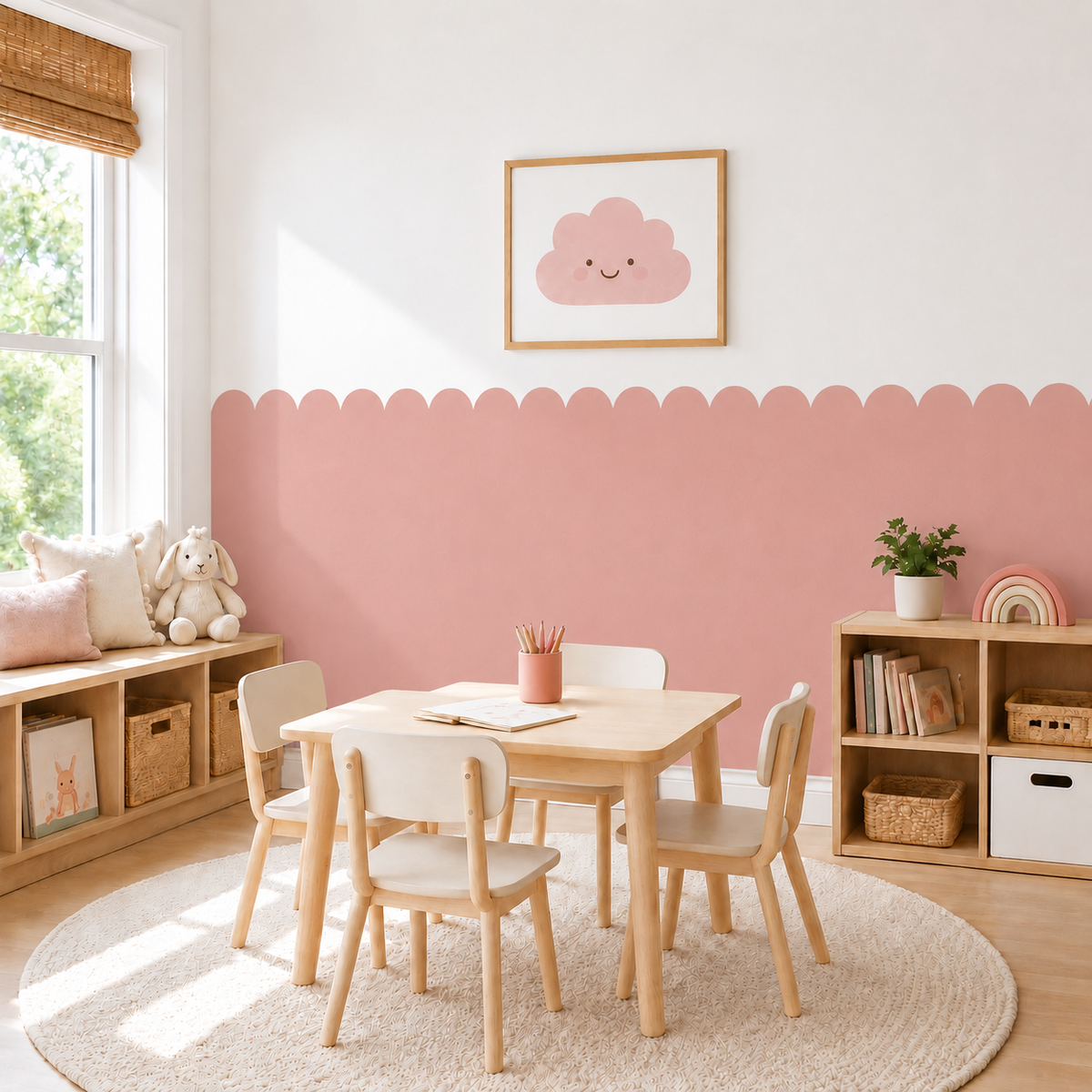 Scalloped Peel and Stick Muted Rose Half Wall Wallpaper
