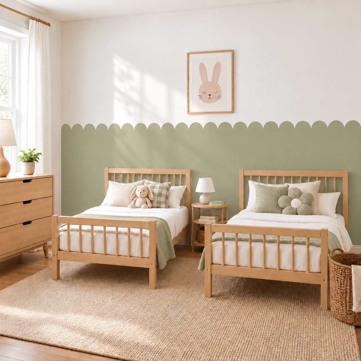 Scalloped Peel and Stick Sage Green Half Wall Wallpaper
