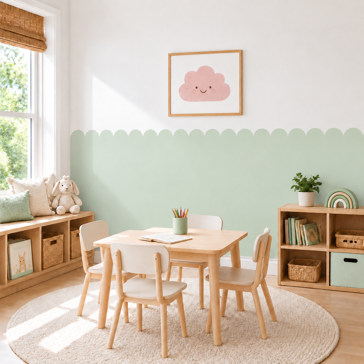 Scalloped Peel and Stick Mint Half Wall Wallpaper