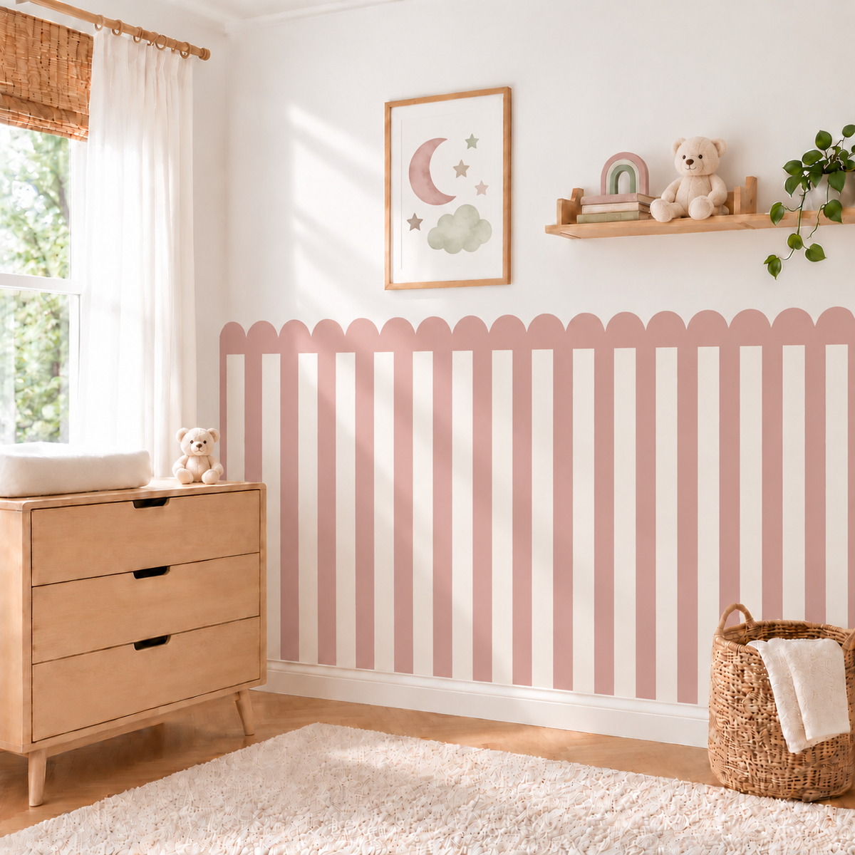 Stripe Peel and Stick Dusty Rose Scallop Half Wall Wallpaper