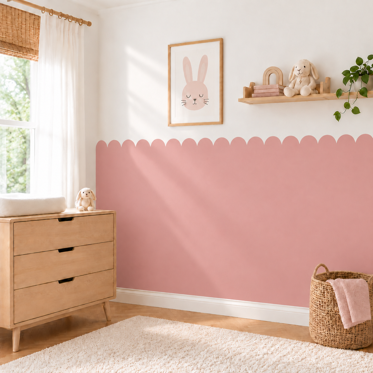 Scalloped Peel and Stick Muted Rose Half Wall Wallpaper