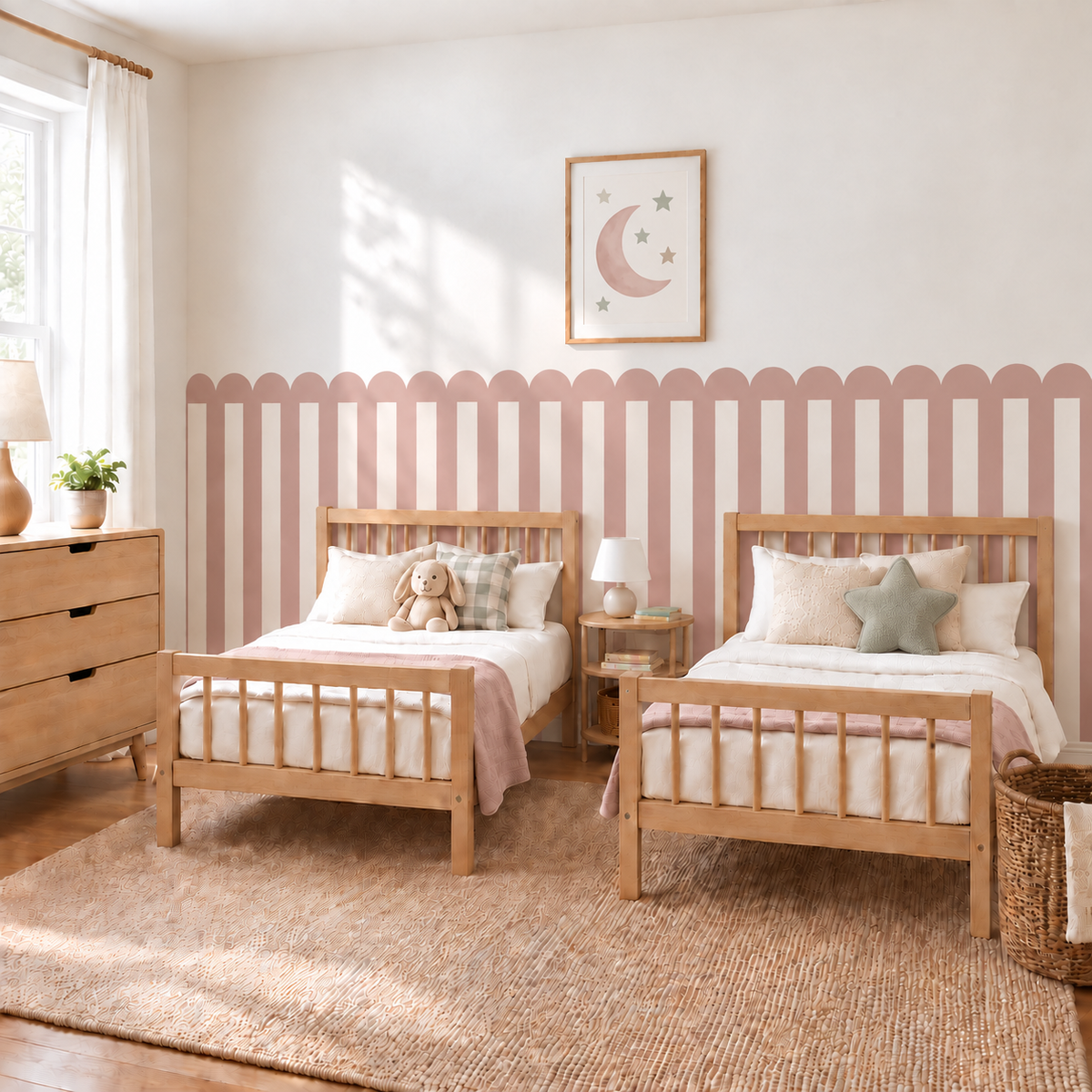 Stripe Peel and Stick Dusty Rose Scallop Half Wall Wallpaper