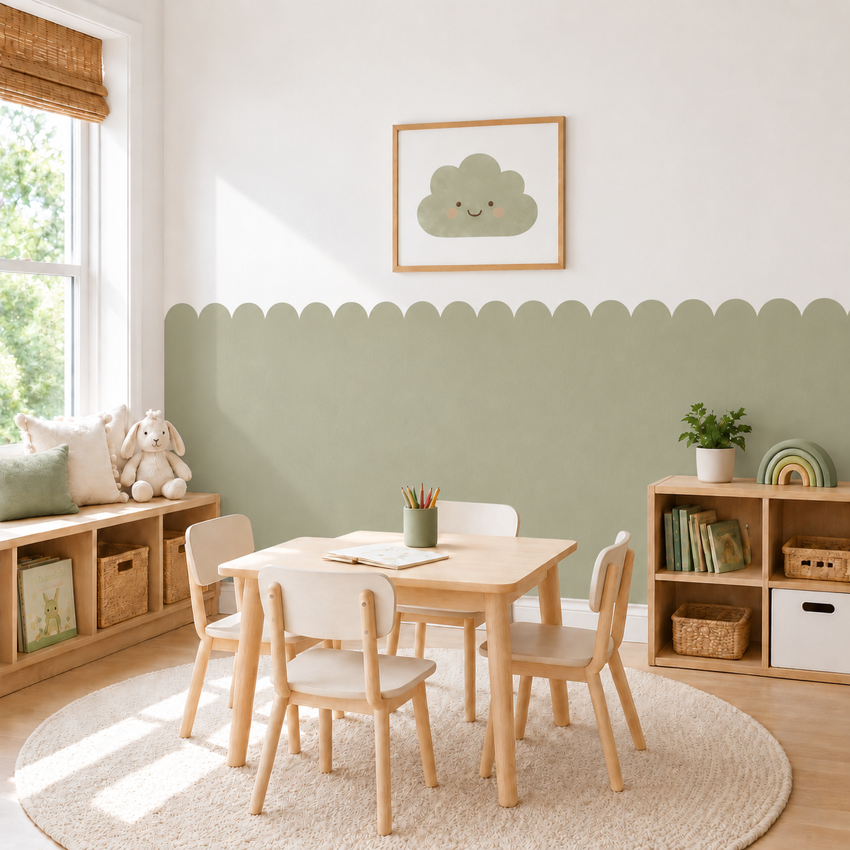 Scalloped Peel and Stick Sage Green Half Wall Wallpaper