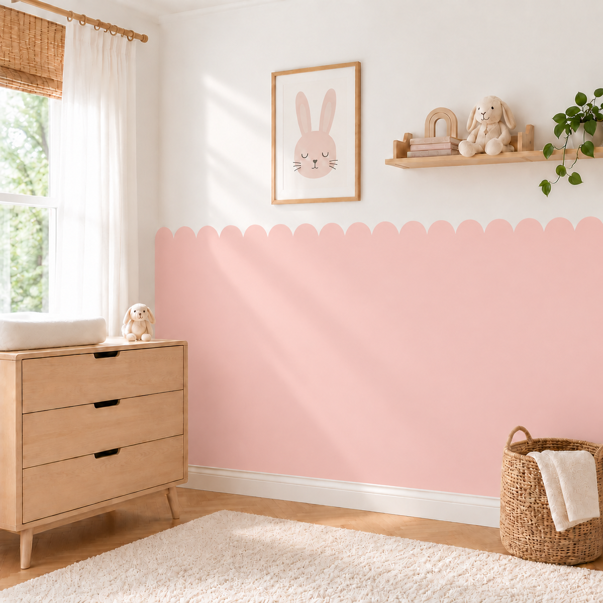Scalloped Peel and Stick Soft Pink Half Wall Wallpaper