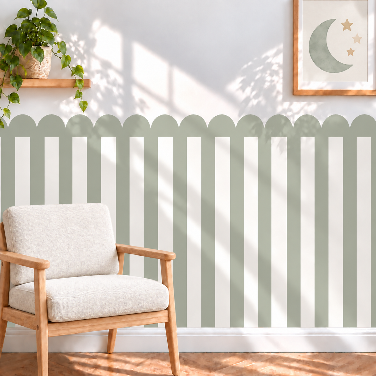 Stripe Peel and Stick Sage Green Scallop Half Wall Wallpaper