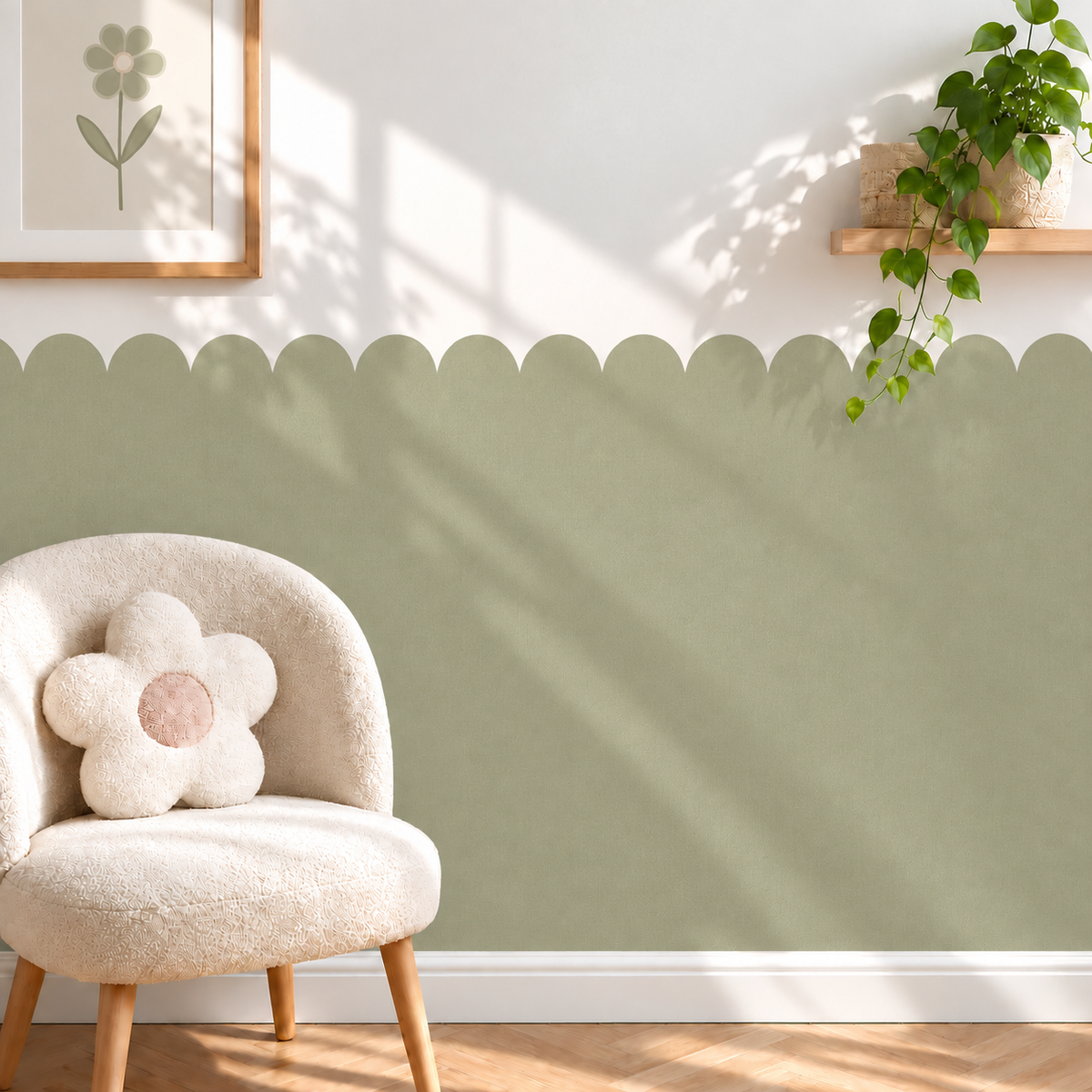 Scalloped Peel and Stick Sage Green Half Wall Wallpaper