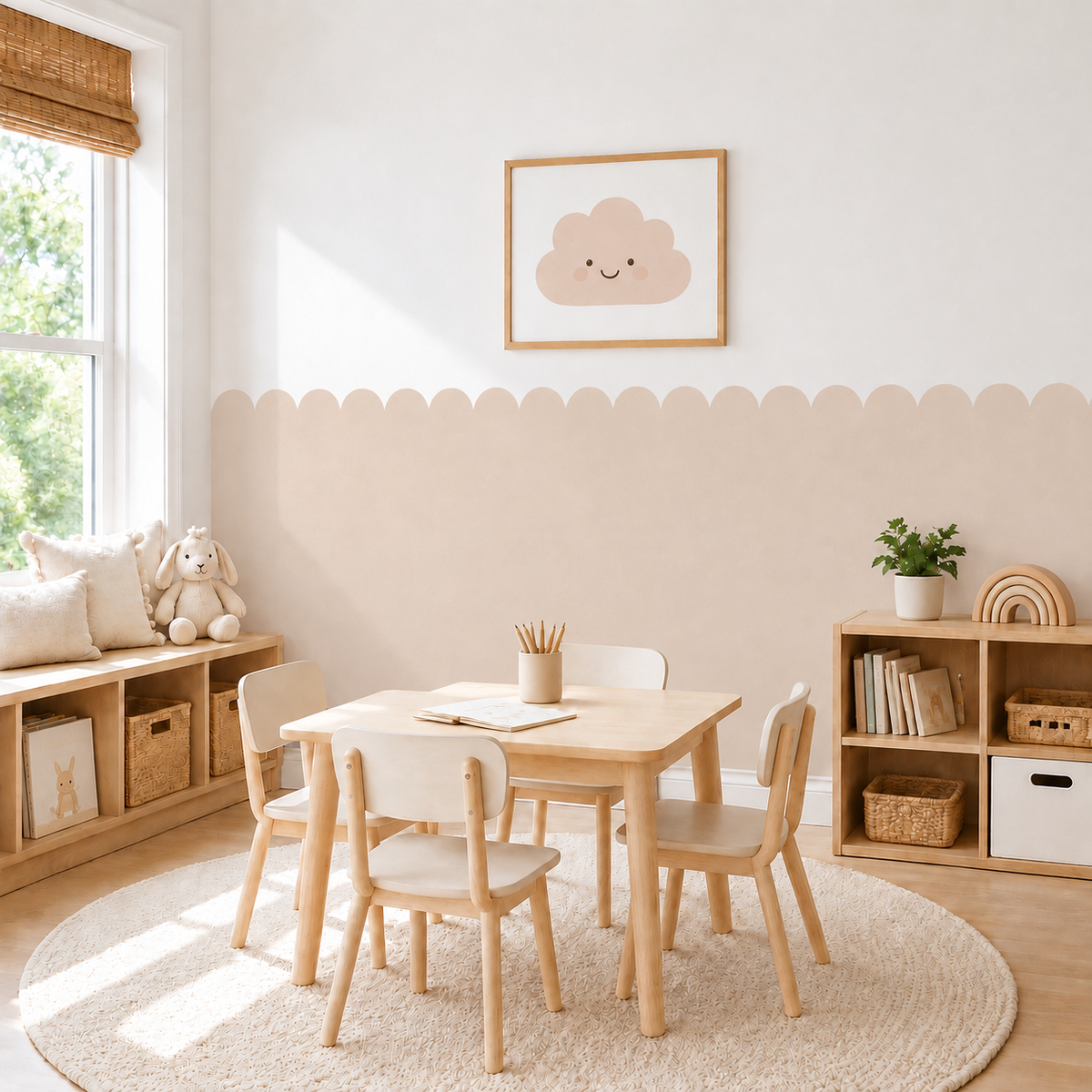 Scalloped Peel and Stick Almond Half Wall Wallpaper