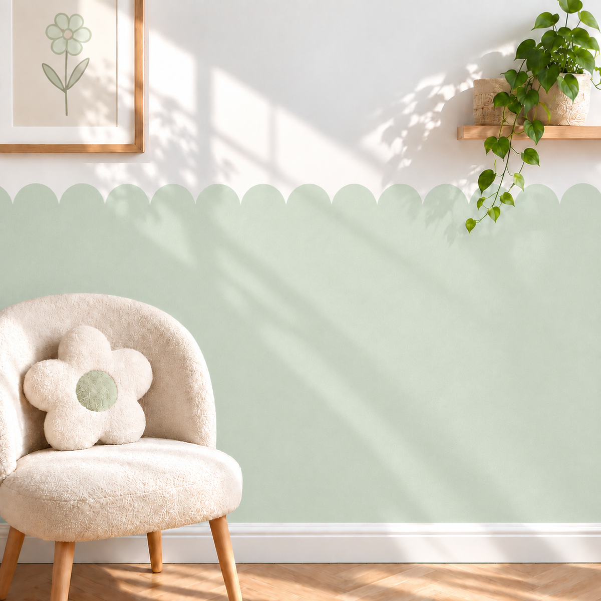 Scalloped Peel and Stick Mint Half Wall Wallpaper