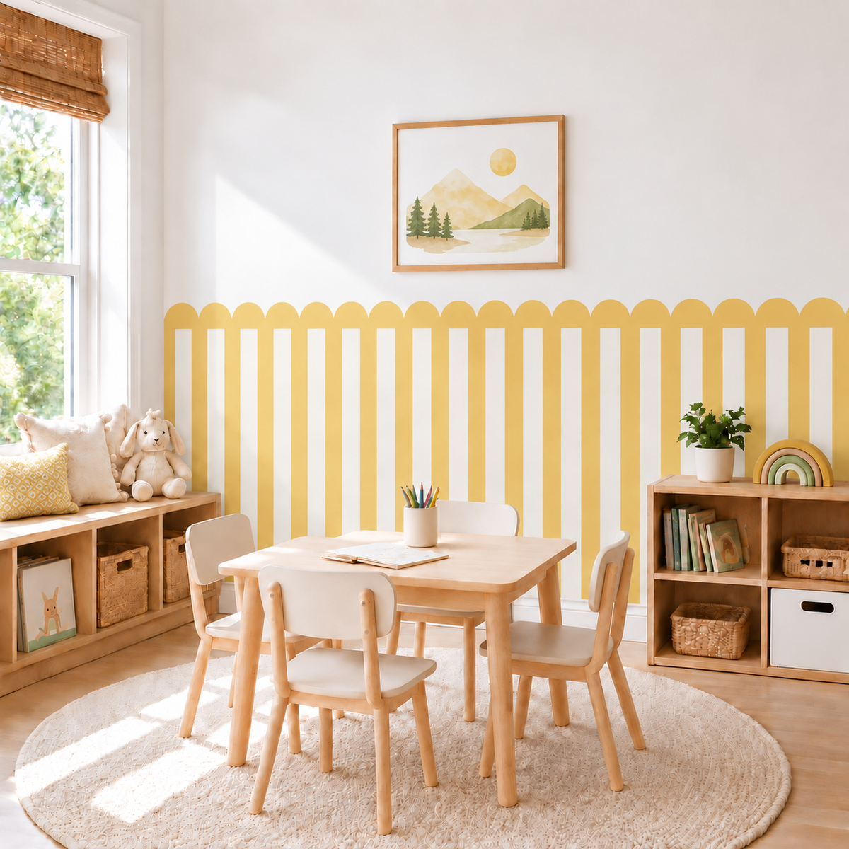 Stripe Peel and Stick Yellow Scallop Half Wall Wallpaper