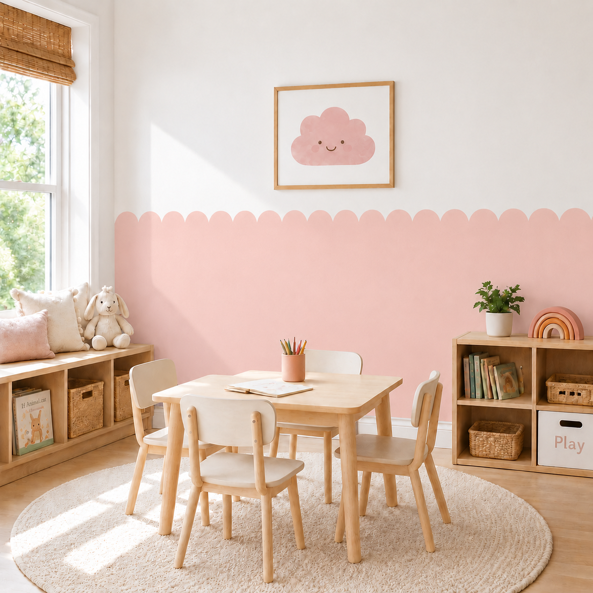 Scalloped Peel and Stick Soft Pink Half Wall Wallpaper
