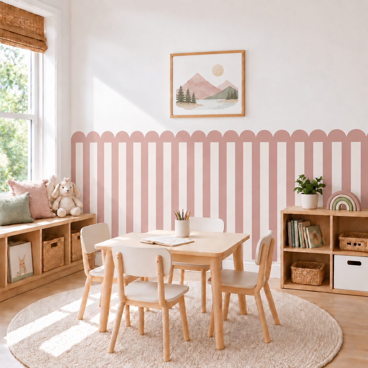 Stripe Peel and Stick Dusty Rose Scallop Half Wall Wallpaper