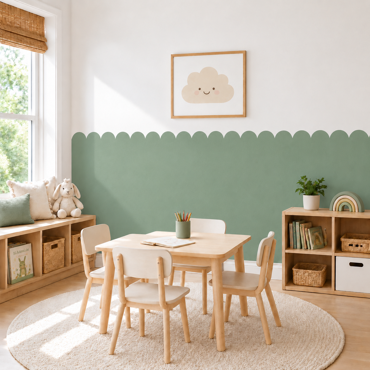 Scalloped Peel and Stick Tea Green Half Wall Wallpaper