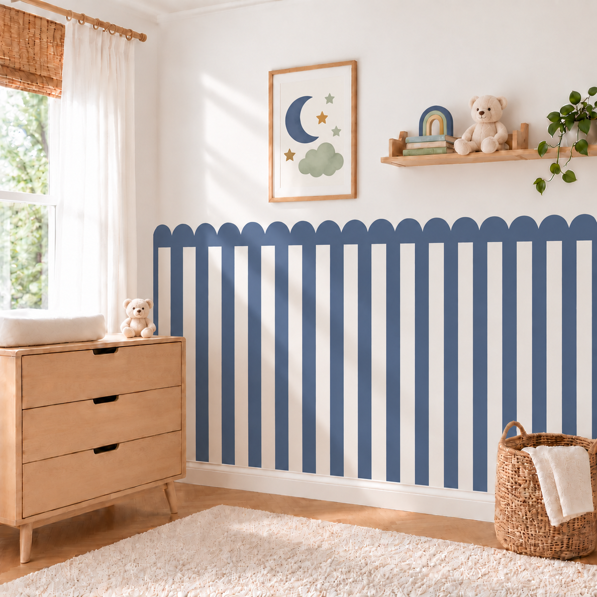 Stripe Peel and Stick Navy Scallop Half Wall Wallpaper