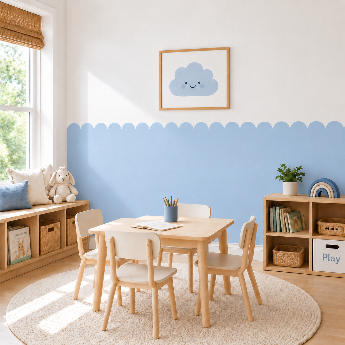 Scalloped Peel and Stick Baby Blue Half Wall Decal