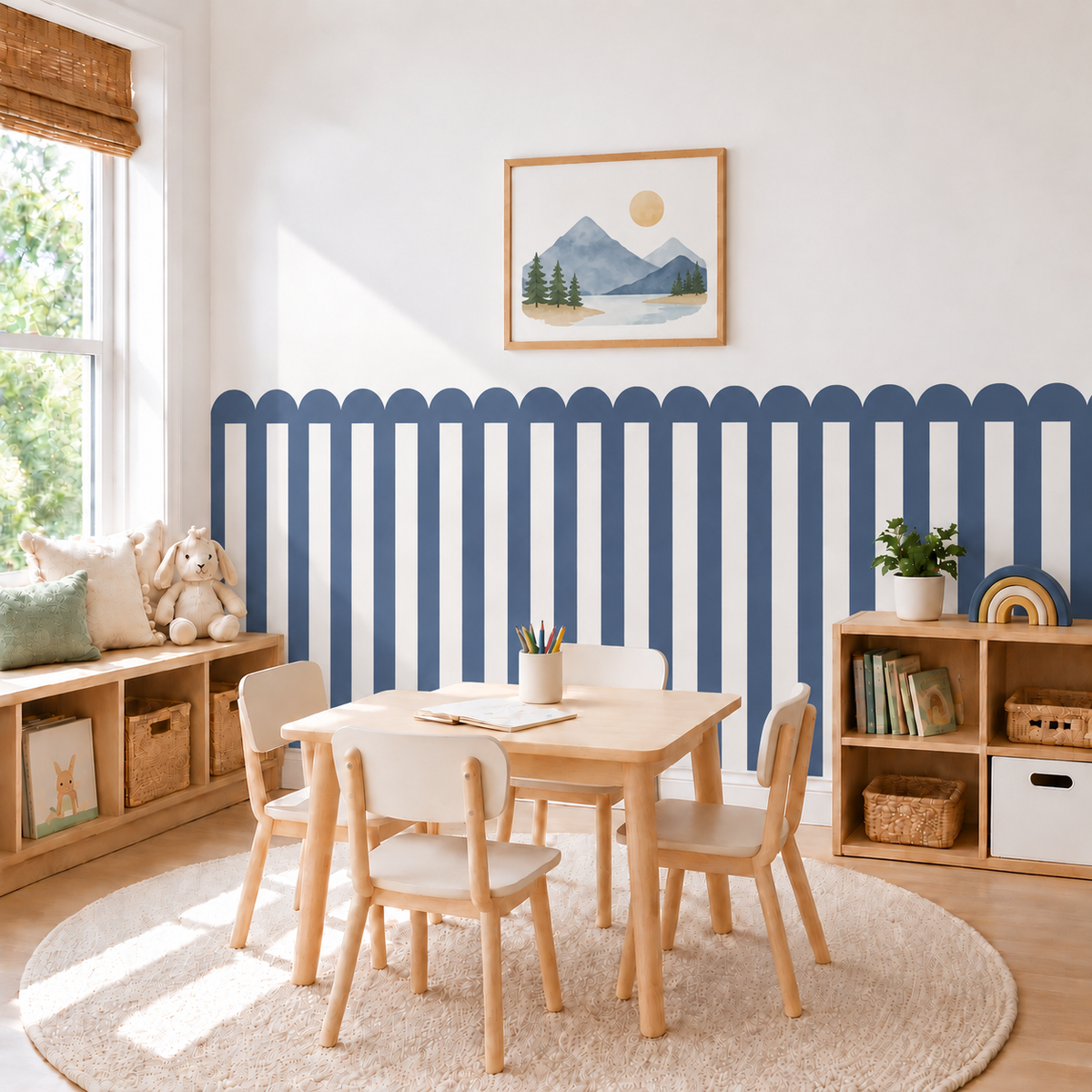 Stripe Peel and Stick Navy Scallop Half Wall Wallpaper