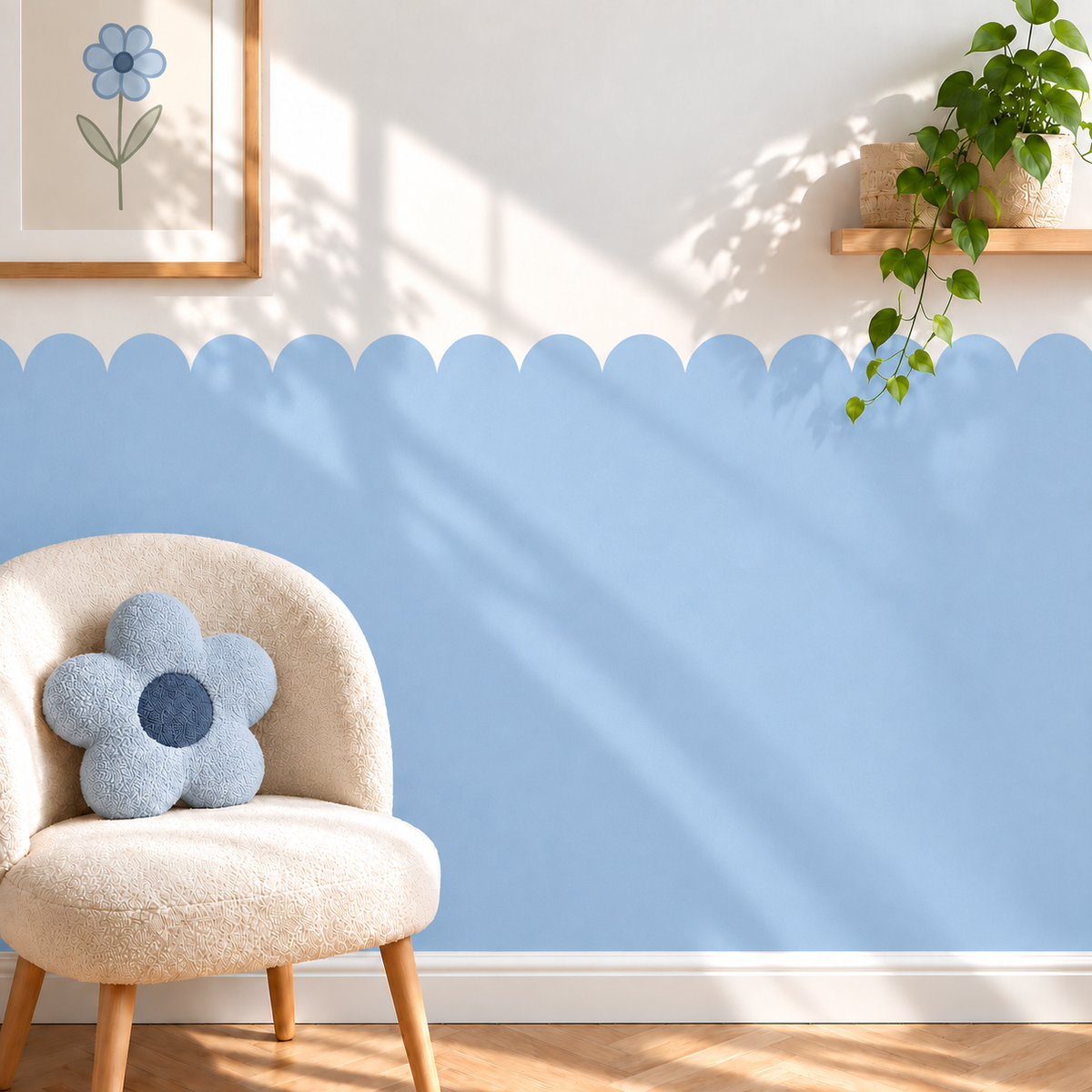 Scalloped Peel and Stick Baby Blue Half Wall Decal