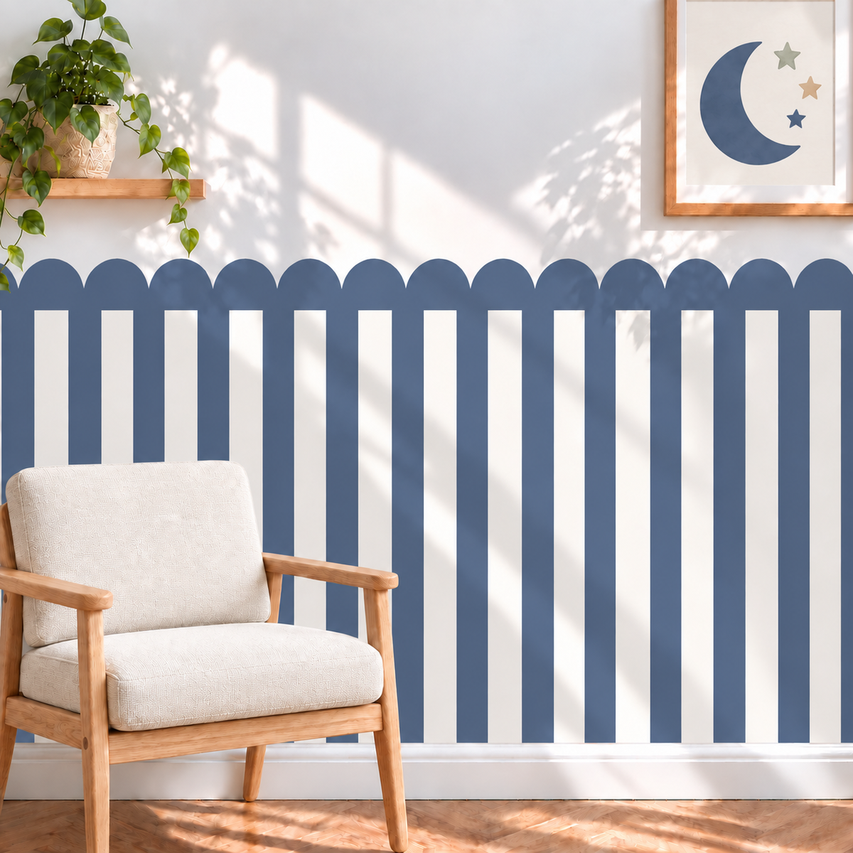 Stripe Peel and Stick Navy Scallop Half Wall Wallpaper