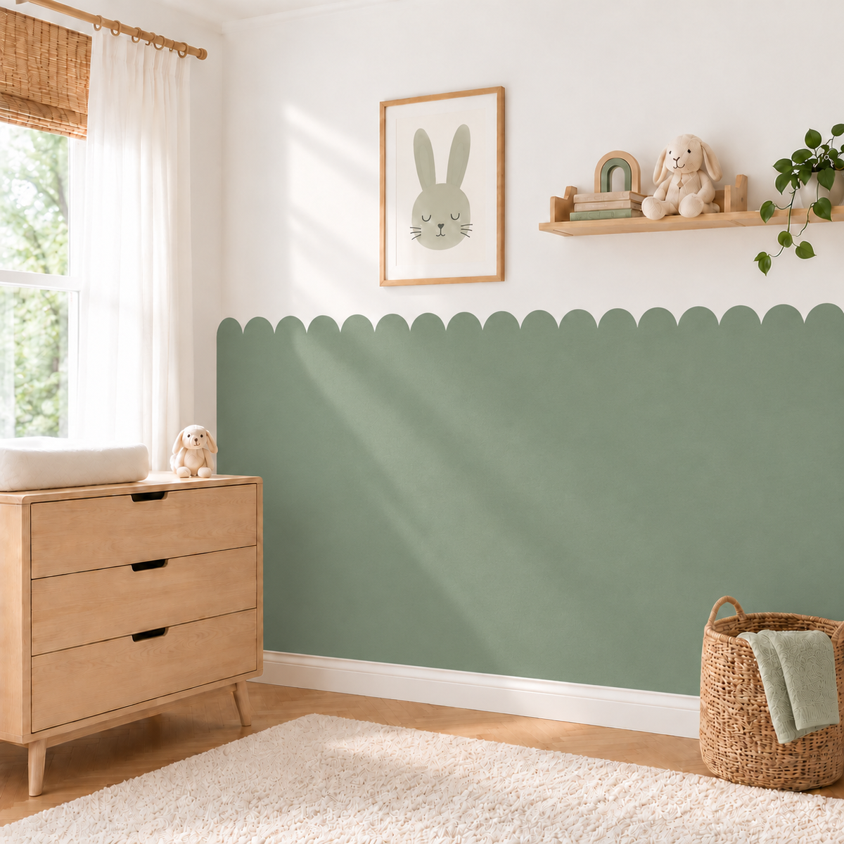 Scalloped Peel and Stick Tea Green Half Wall Wallpaper