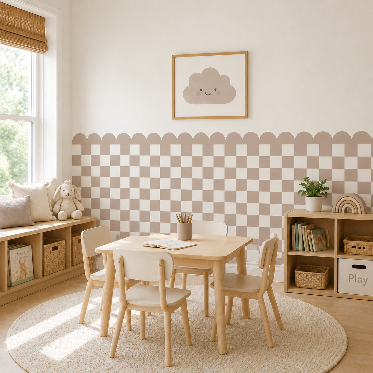 Scalloped Peel and Stick Checkerboard Neutral Taupe Half Wall Wallpaper