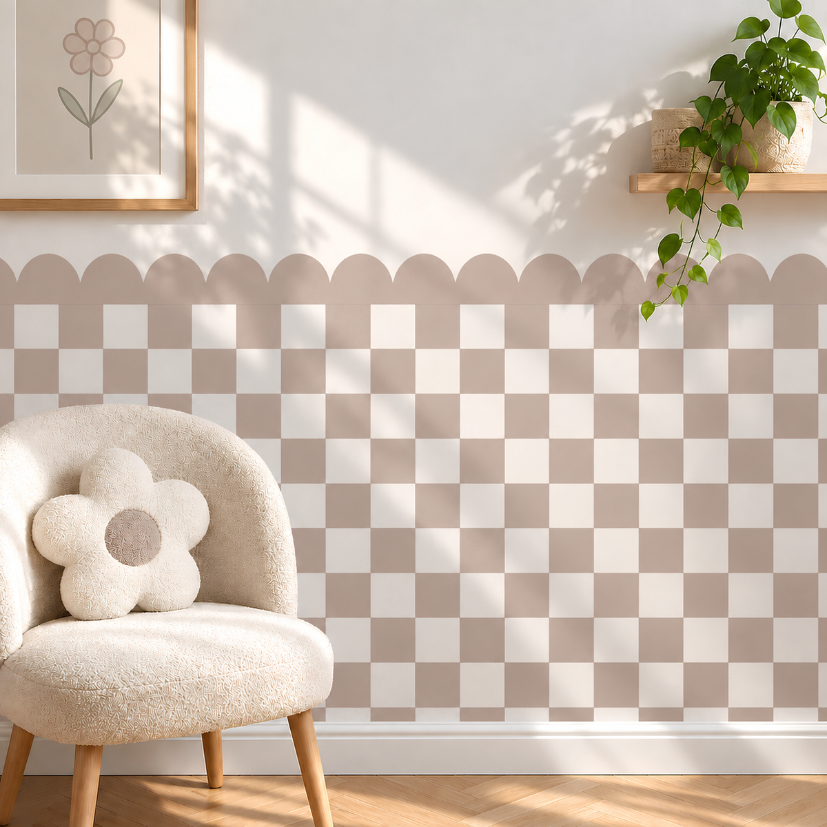 Scalloped Peel and Stick Checkerboard Neutral Taupe Half Wall Wallpaper