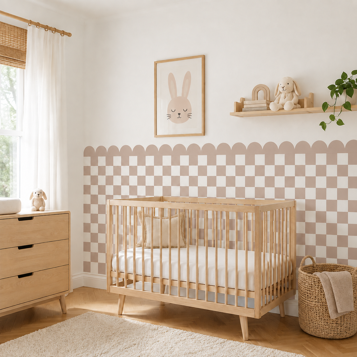 Scalloped Peel and Stick Checkerboard Neutral Taupe Half Wall Wallpaper