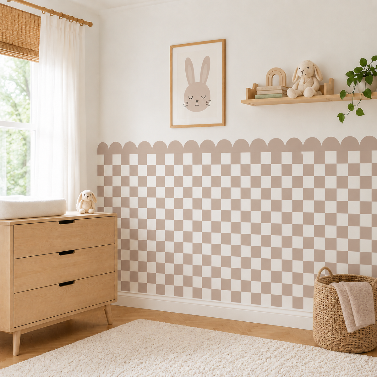 Scalloped Peel and Stick Checkerboard Neutral Taupe Half Wall Wallpaper