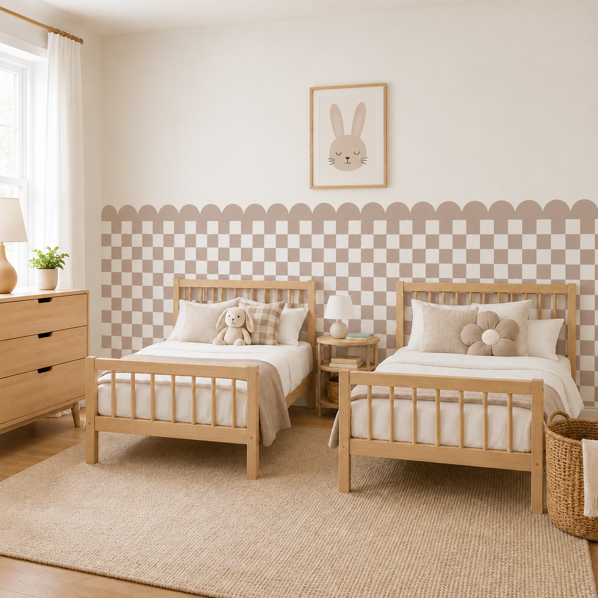Scalloped Peel and Stick Checkerboard Neutral Taupe Half Wall Wallpaper