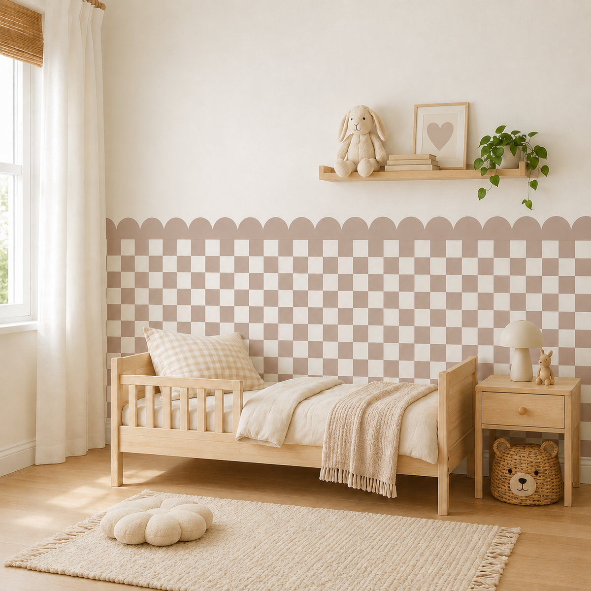Scalloped Peel and Stick Checkerboard Neutral Taupe Half Wall Wallpaper