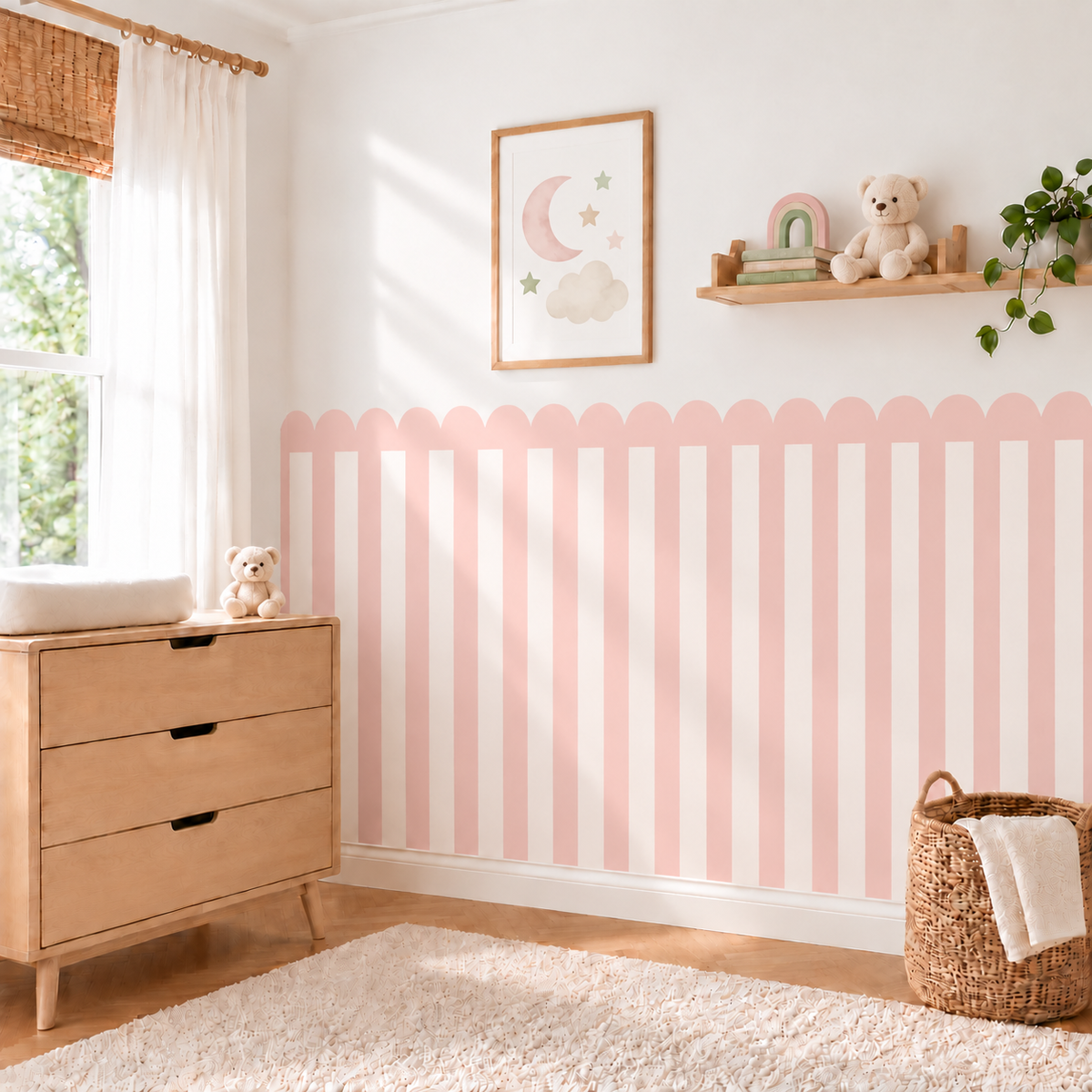 Stripe Peel and Stick Pink Scallop Half Wall Wallpaper