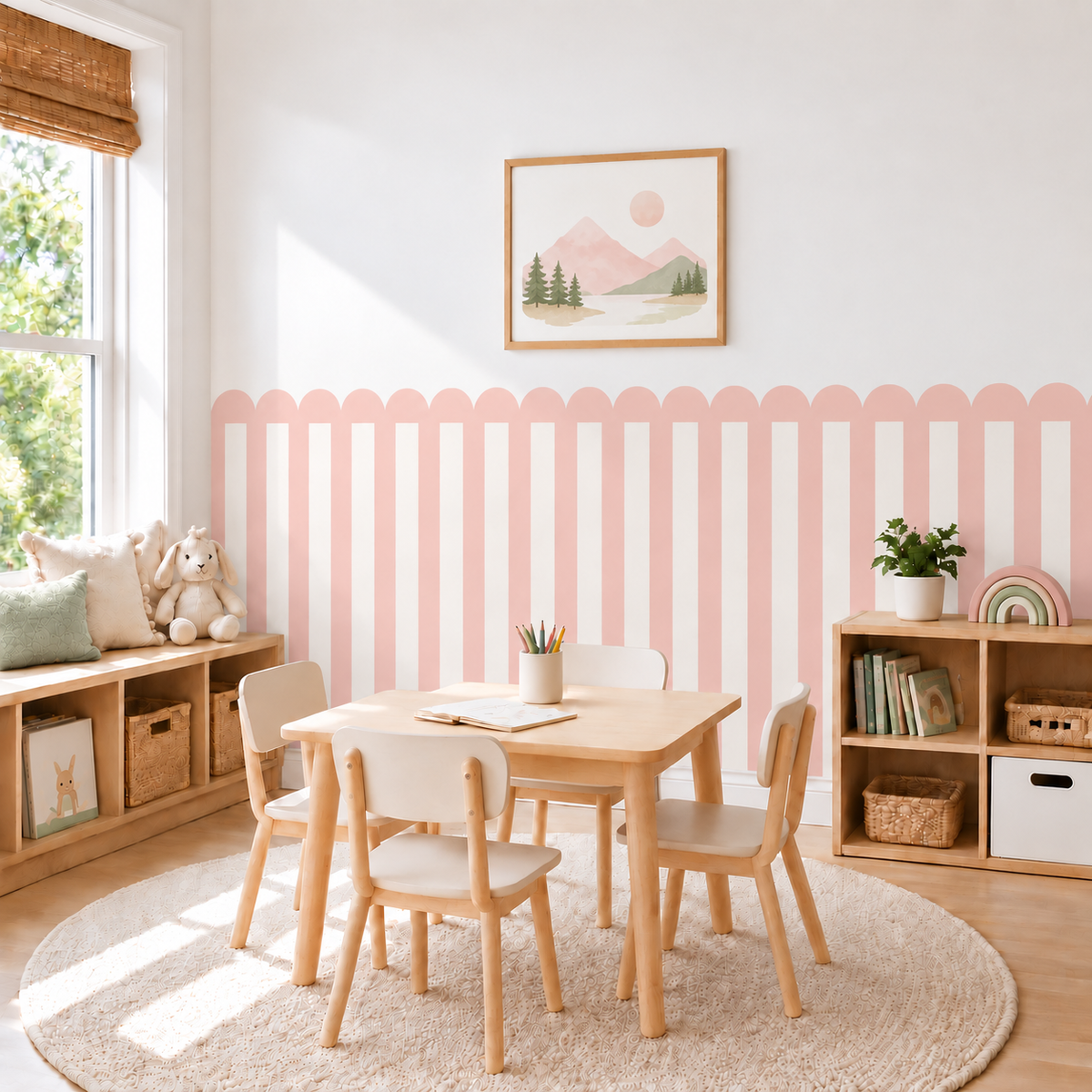 Stripe Peel and Stick Pink Scallop Half Wall Wallpaper