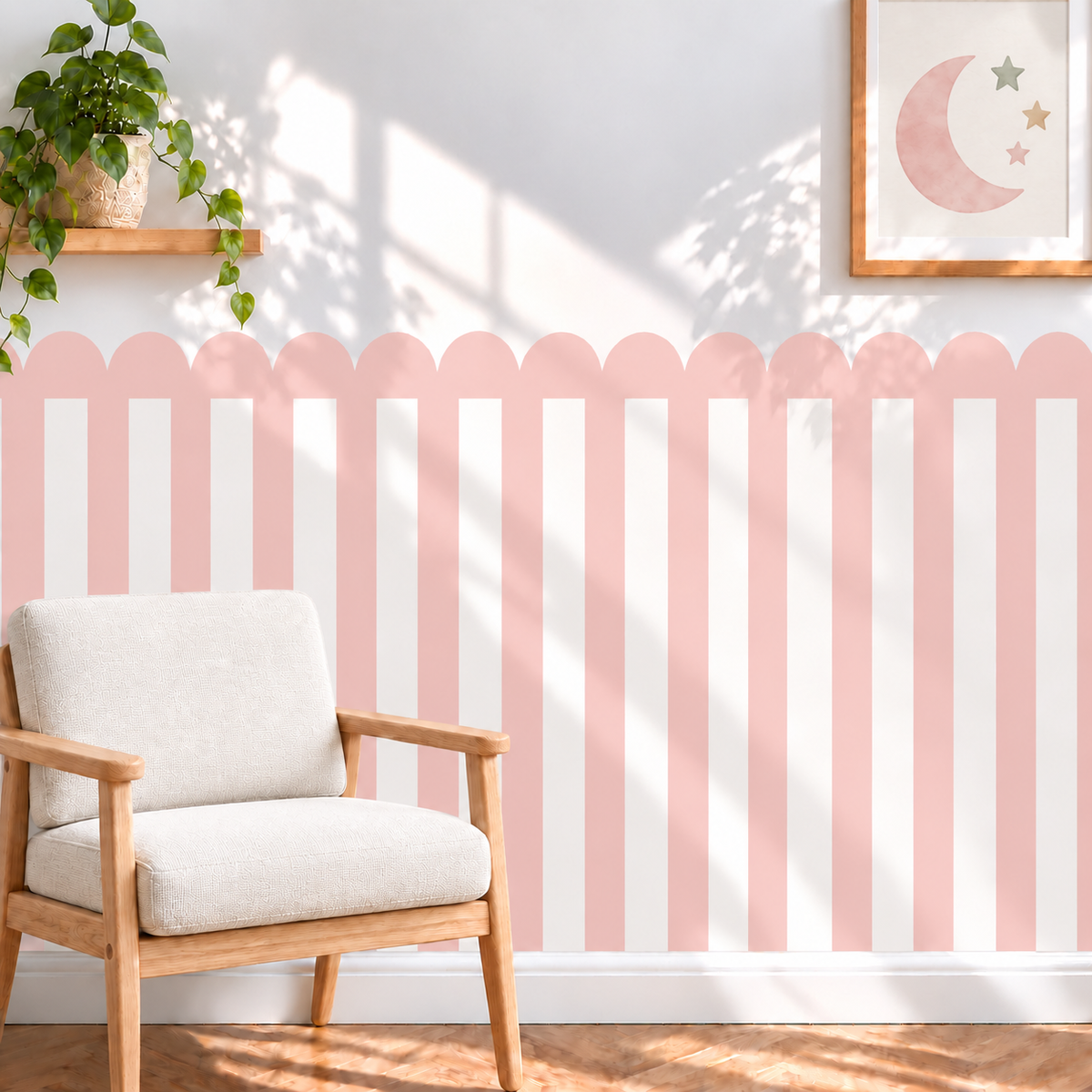 Stripe Peel and Stick Pink Scallop Half Wall Wallpaper