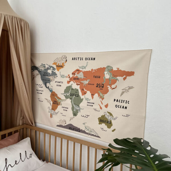Colorful Dinosaur World Map Tapestry