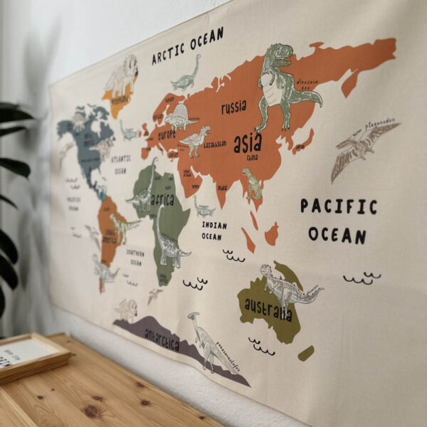 Colorful Dinosaur World Map Tapestry