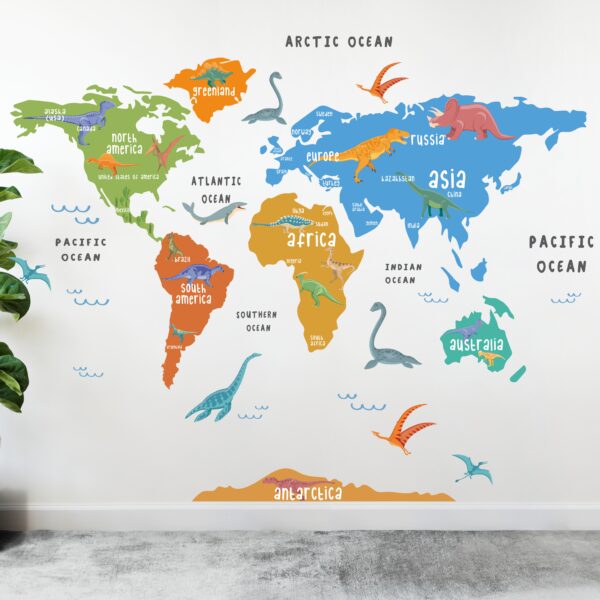 Dinosaurs World Map Colorful Wall Decal
