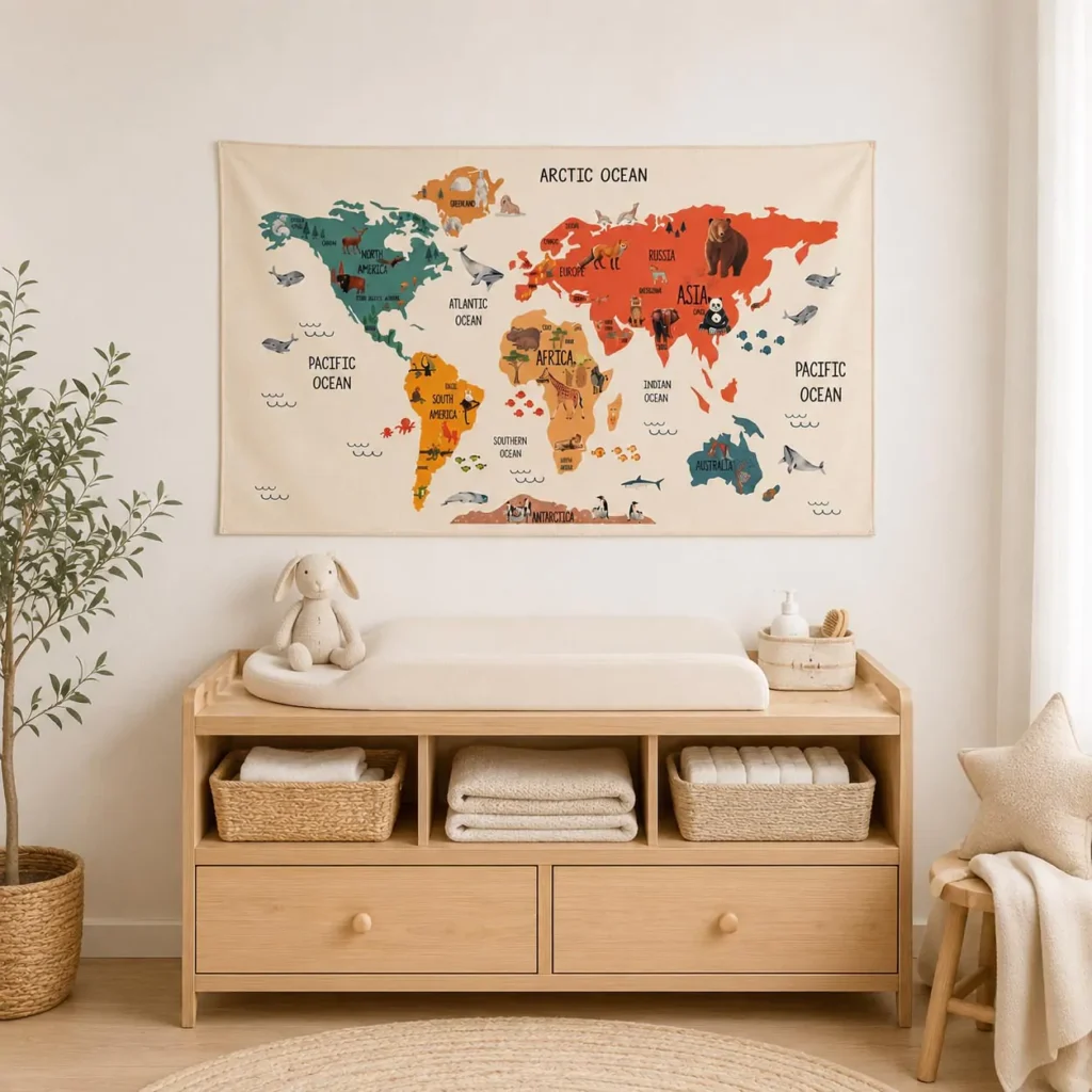 Vibrant fabric world map used as safe nursery wall decor above a baby changing table