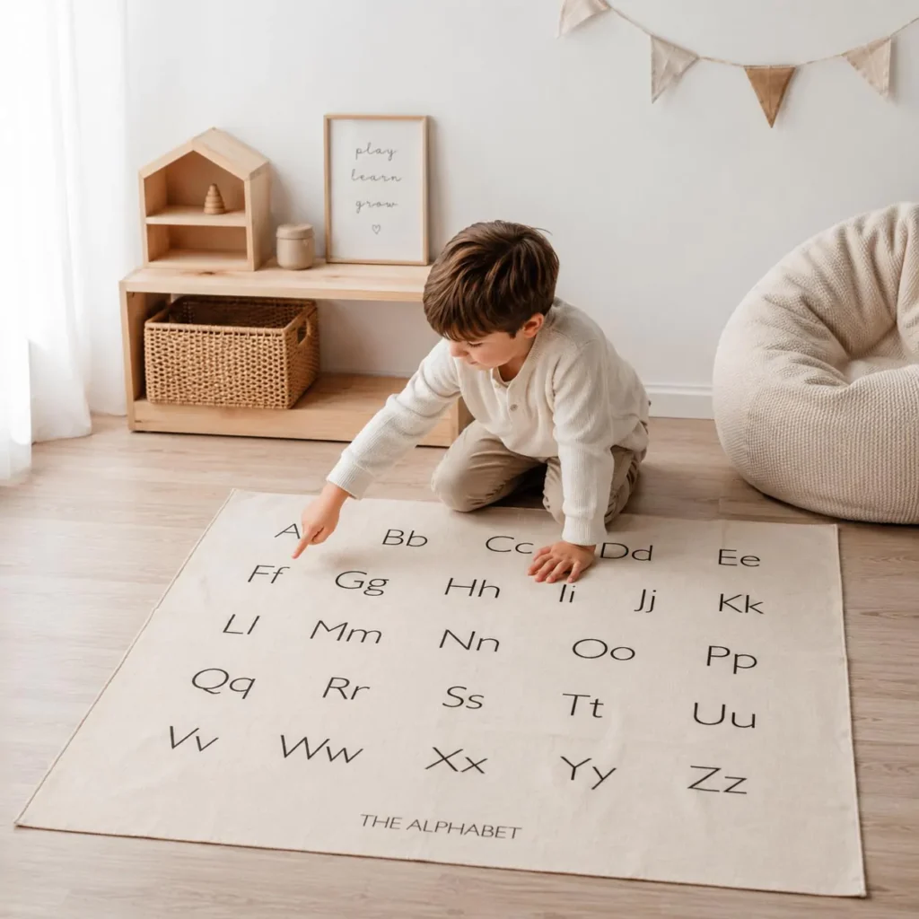 Nursery wall art, minimalist nursery aesthetic, non-toxic nursery decor, damage-free wall mounting, educational wall decor for kids, Alphabet wall hanging