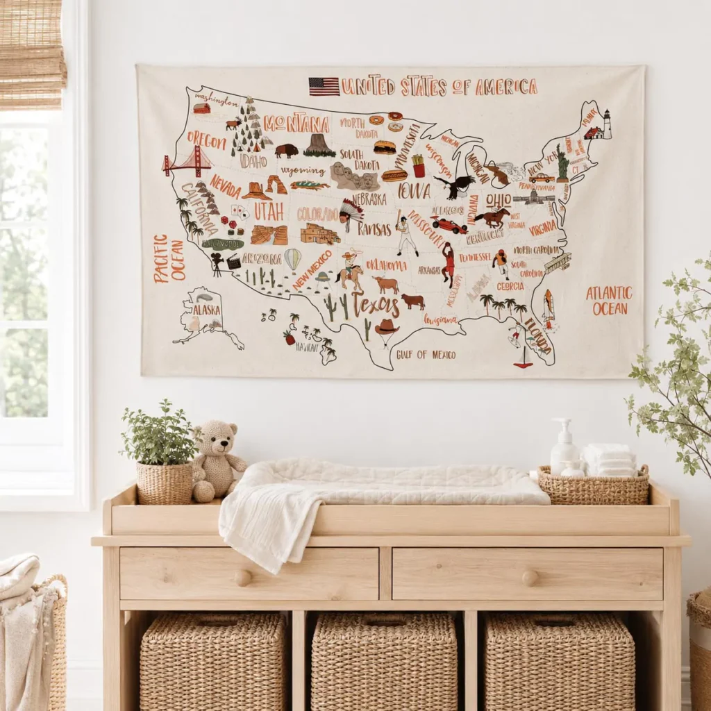 Nursery wall decor, minimalist nursery art, canvas wall map, fabric world map, nursery interior design, damage-free wall mounting, textile wall tapestry, World map wall hanging