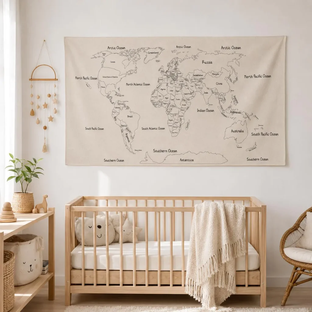 Nursery wall decor, minimalist nursery art, canvas wall map, fabric world map, nursery interior design, damage-free wall mounting, textile wall tapestry, World map wall hanging