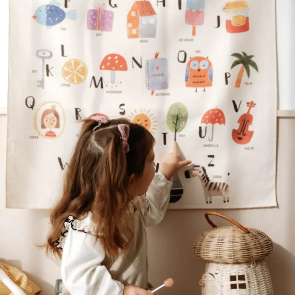 Nursery wall art, minimalist nursery aesthetic, non-toxic nursery decor, damage-free wall mounting, educational wall decor for kids, Alphabet wall hanging