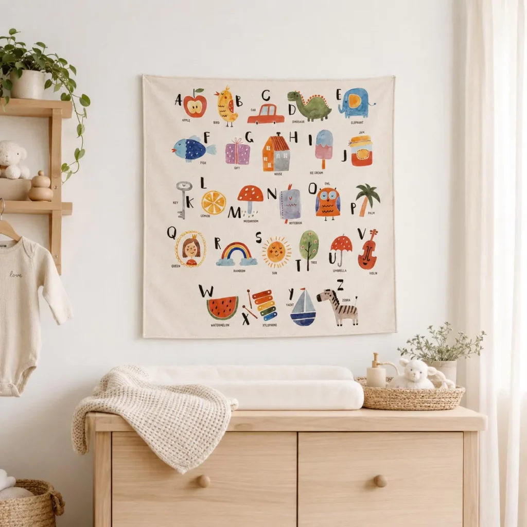 Organic cotton alphabet tapestry with each letter paired to a hand-painted animal and flower for a nursery wall
