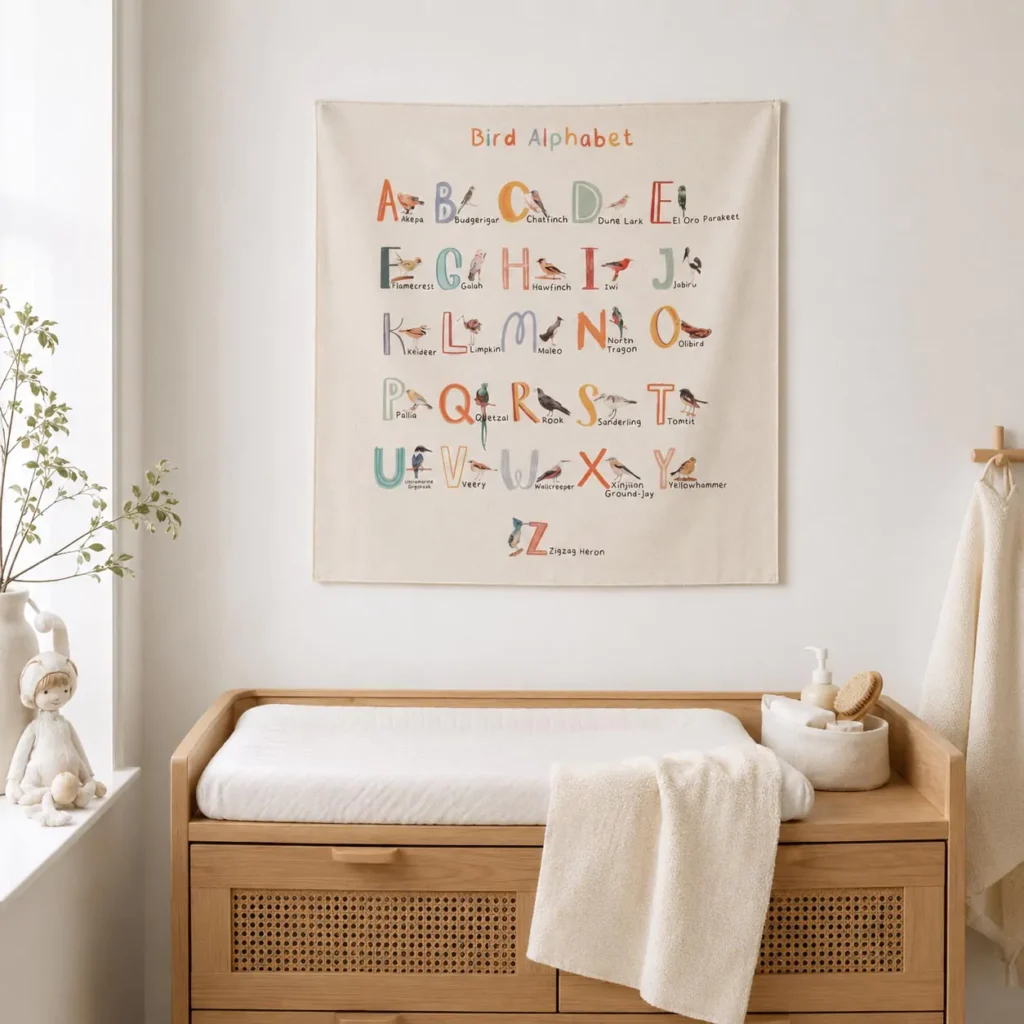 Nursery wall art, minimalist nursery aesthetic, non-toxic nursery decor, damage-free wall mounting, educational wall decor for kids, Alphabet wall hanging