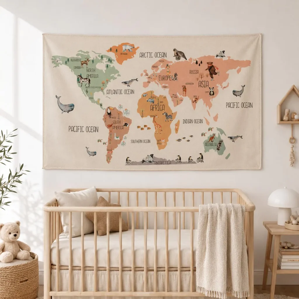 Nursery wall decor, minimalist nursery art, canvas wall map, fabric world map, nursery interior design, damage-free wall mounting, textile wall tapestry, World map wall hanging