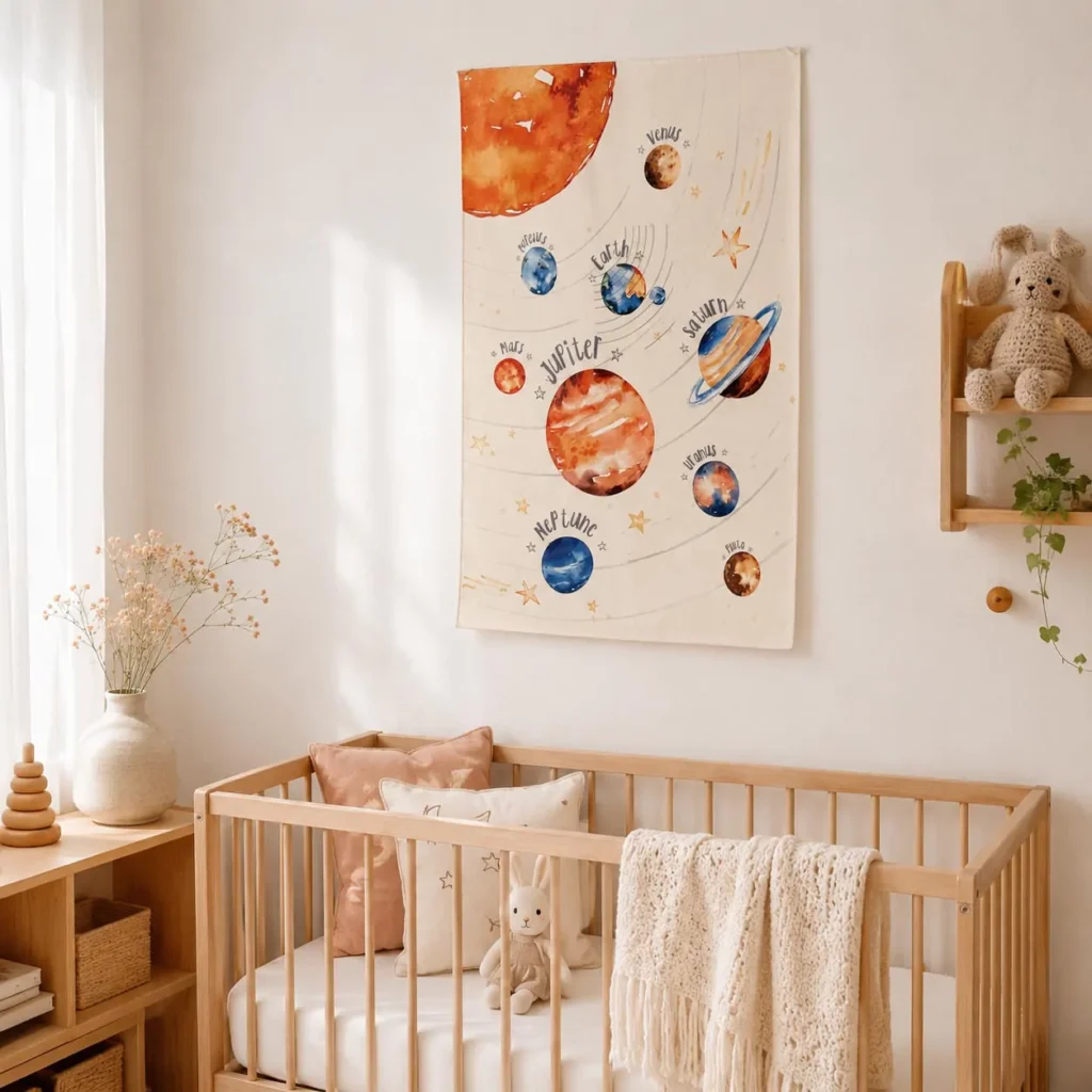 galaxy tapestry, celestial nursery wall art, minimalist baby room, text-free wall hangings, neutral nursery colors, 100% cotton fabrics, newborn visual development, modern, Space nursery decor