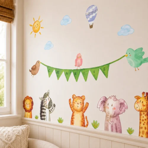 Colorful Custom Baby Safari Animals Textile Decal featuring a line of cute jungle animals with a custom banner, applied above a crib.