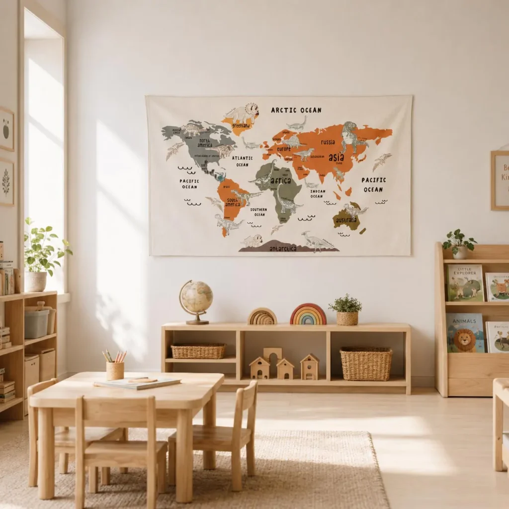 Dinosaur world map wall hanging complementing a wooden playroom table setup
