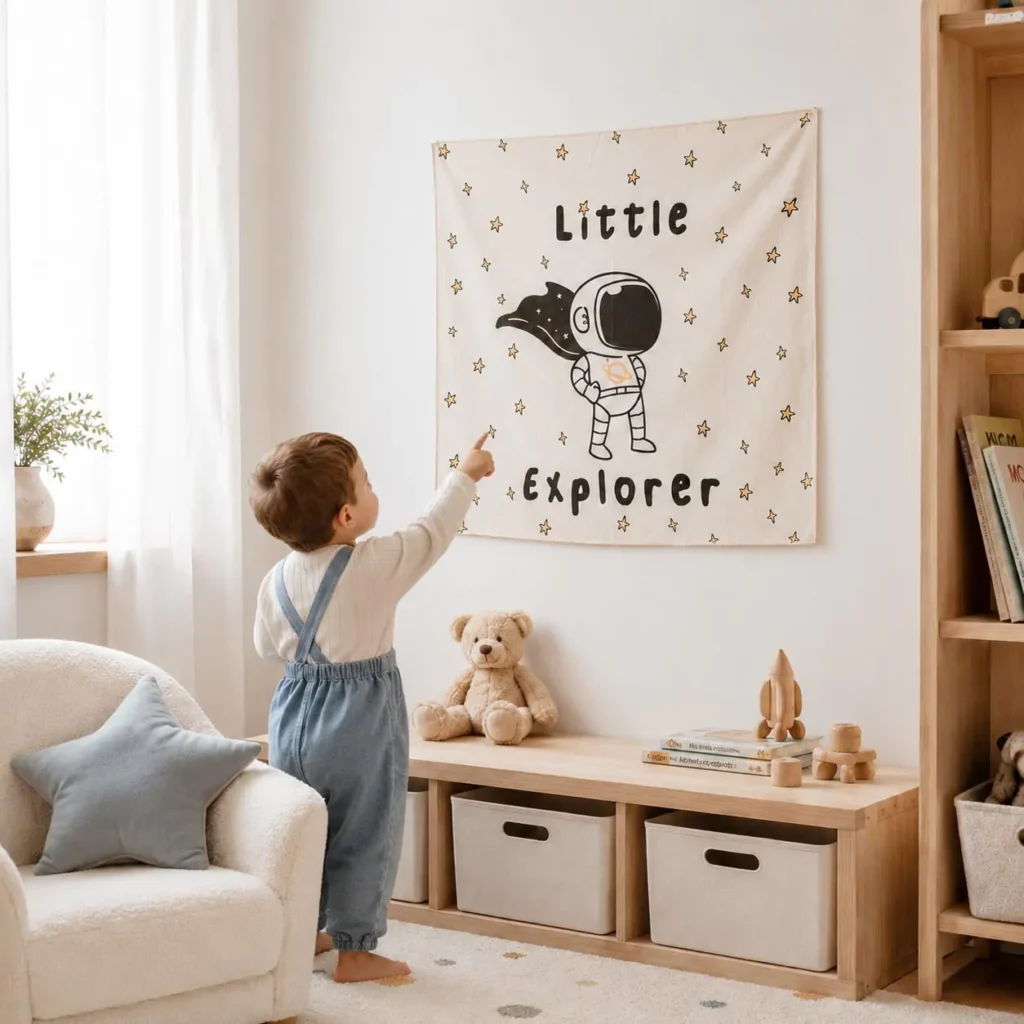 galaxy tapestry, celestial nursery wall art, minimalist baby room, text-free wall hangings, neutral nursery colors, 100% cotton fabrics, newborn visual development, modern, Space nursery decor