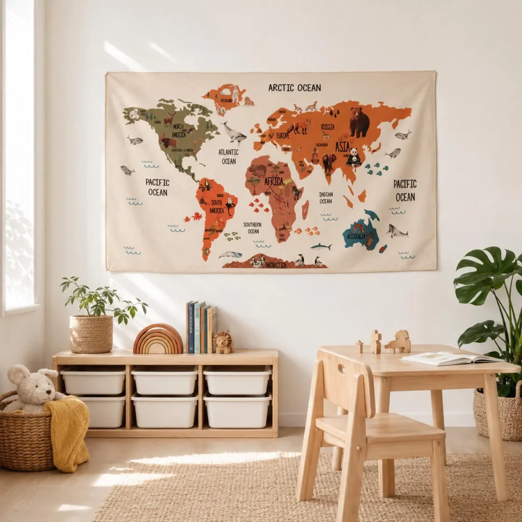Nursery wall decor, minimalist nursery art, canvas wall map, fabric world map, nursery interior design, damage-free wall mounting, textile wall tapestry, World map wall hanging