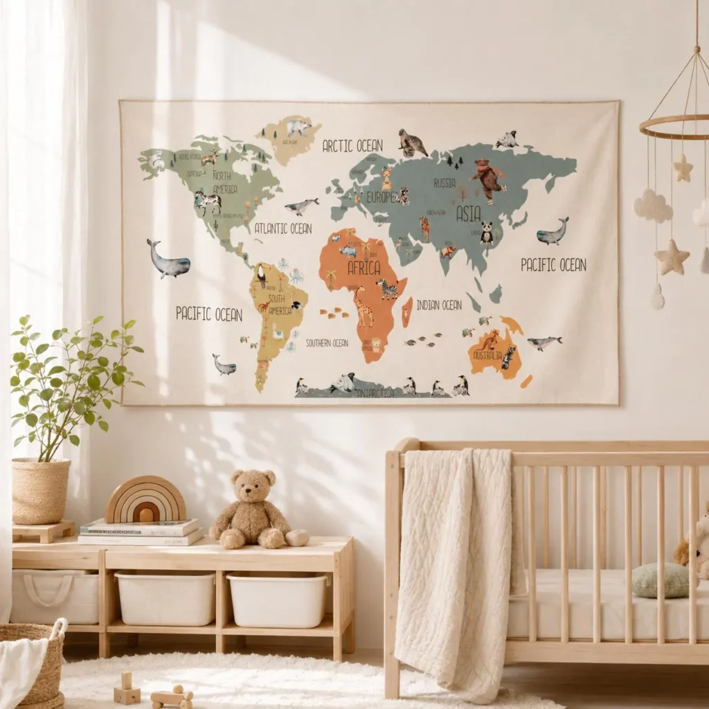 Nordic style world map tapestry acting as minimalist nursery decor in a neutral bedroom