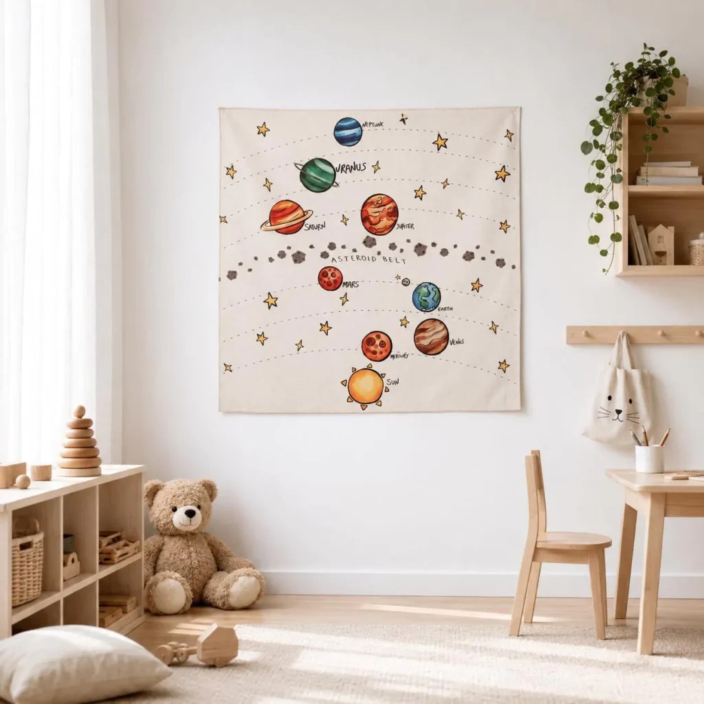 galaxy tapestry, celestial nursery wall art, minimalist baby room, text-free wall hangings, neutral nursery colors, 100% cotton fabrics, newborn visual development, modern, Space nursery decor